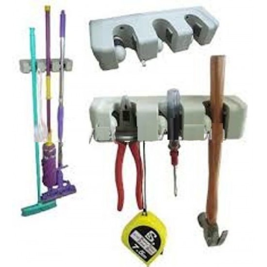 Broom organizer with Hanger & hooks / Mop Organizer with Hanger & hooks - 3 Slots & Hooks - Wall mounted